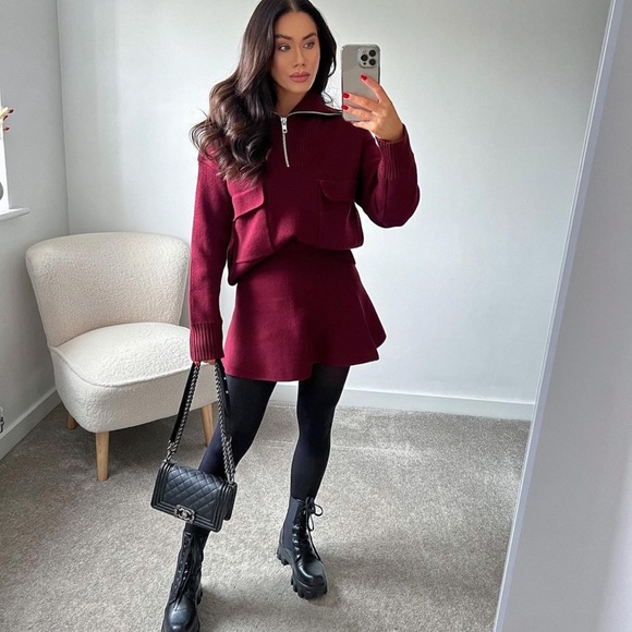Zara Set - Burgundy Wool Blend Knit Zip Sweater & Mini Skirt - Picture 3 of 17
